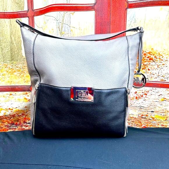 Michael Kors Color Block Pebbled Leather Elephant Gray and Dark Navy Hobo Tote - Picture 1 of 14